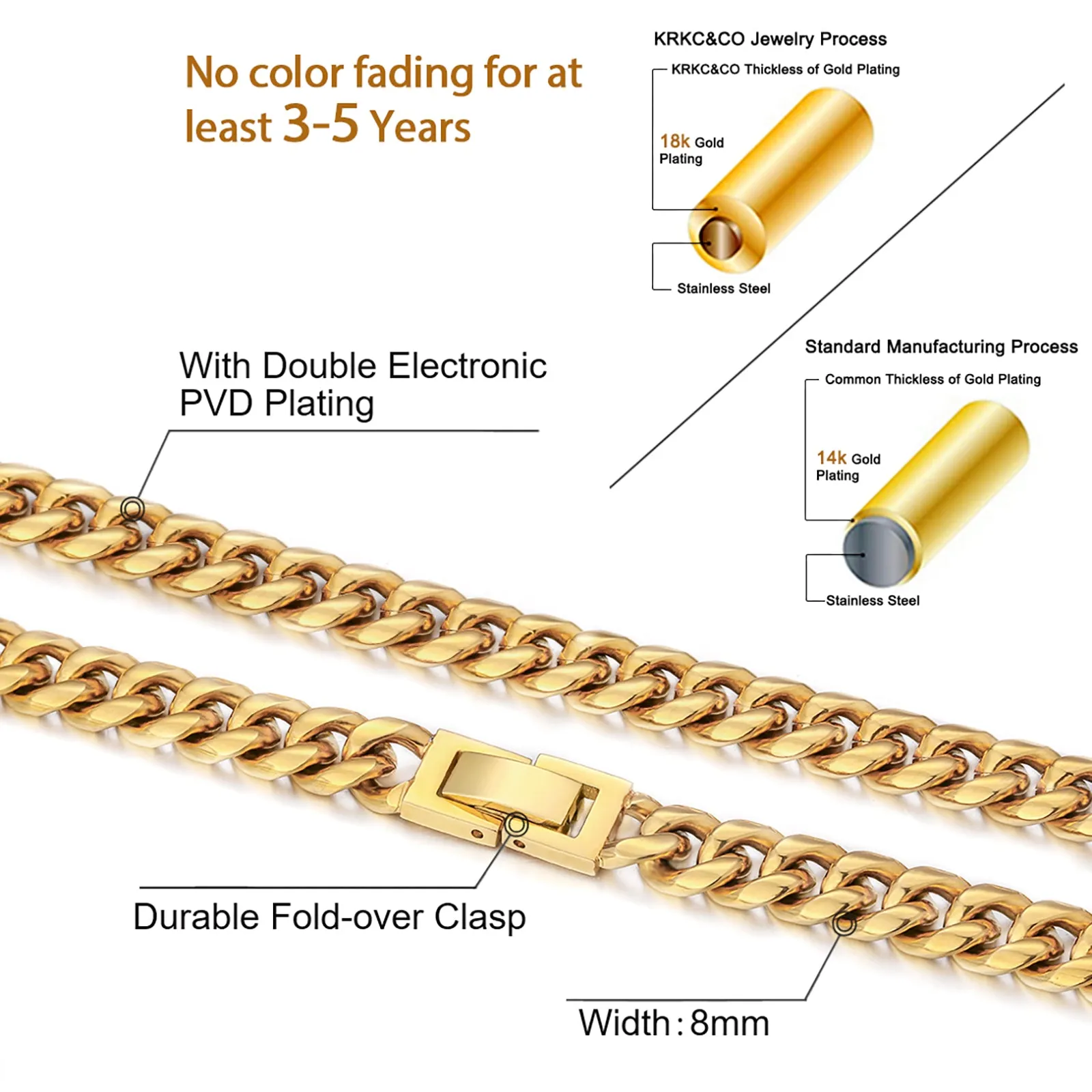 KRKC&CO KEEP REAL KEEP CHAMPION 8mm Mens Miami Cuban Link Chain and Bracelet Set in 18K Gold
