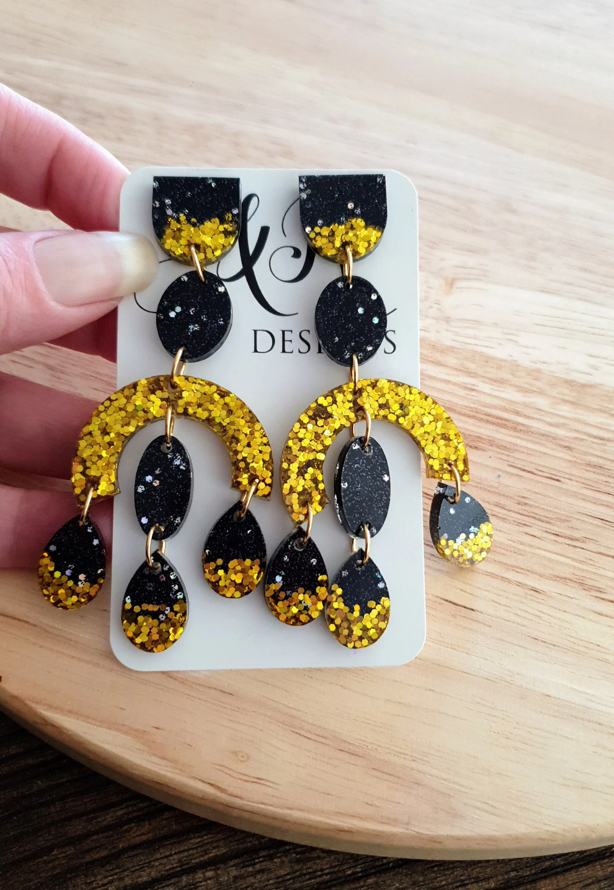 Large Oversized Gold Glitter Black Chandelier Dangle Earrings, Glitter Dangles, Statement Long Earrings
