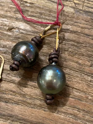Large Tahitian Pearl on Leather Earrings