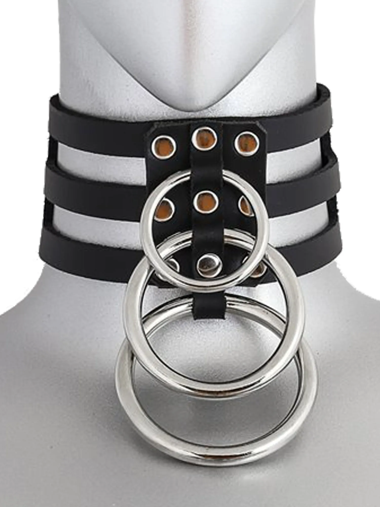 Leather Strap Collar with 3 Metal O-Rings