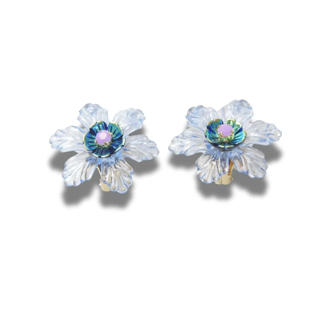Light Blue and Purple Flower Clip-On Earrings for Women – For Non-Pierced Ears