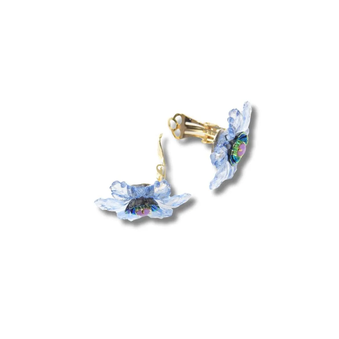 Light Blue and Purple Flower Clip-On Earrings for Women – For Non-Pierced Ears