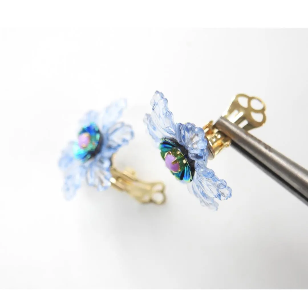 Light Blue and Purple Flower Clip-On Earrings for Women – For Non-Pierced Ears