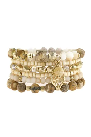 Light Brown Natural Stone Mixed Beads Leaf Charm Bracelet - Pack of 6