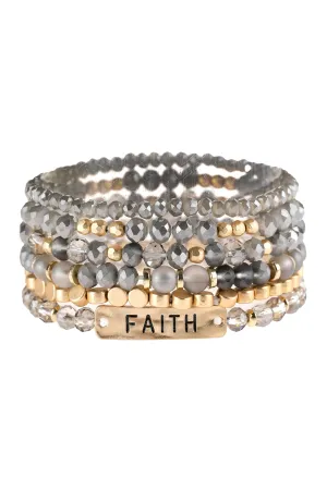 Light Gray Faith Charm Mixed Beads Bracelet - Pack of 6