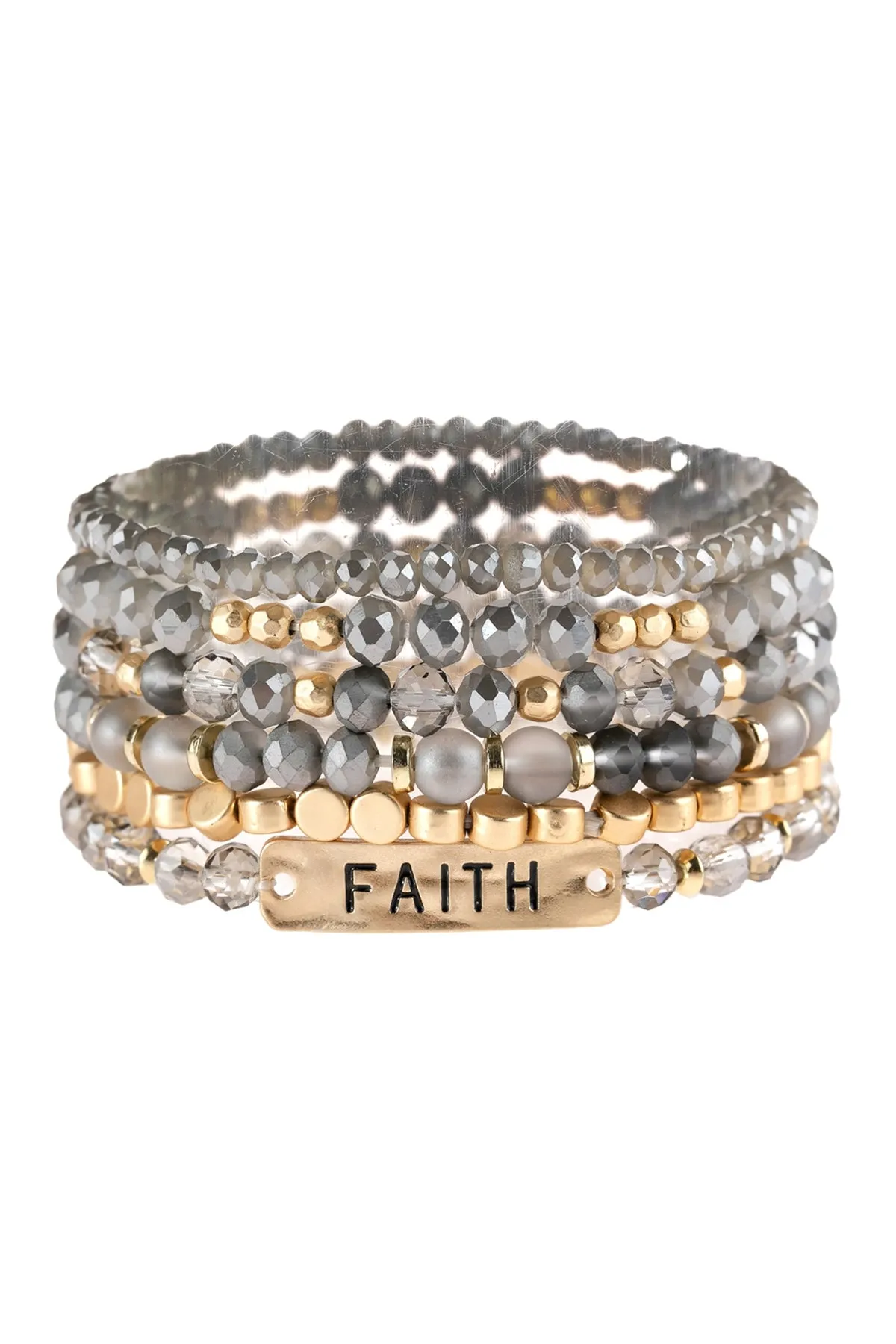 Light Gray Faith Charm Mixed Beads Bracelet - Pack of 6