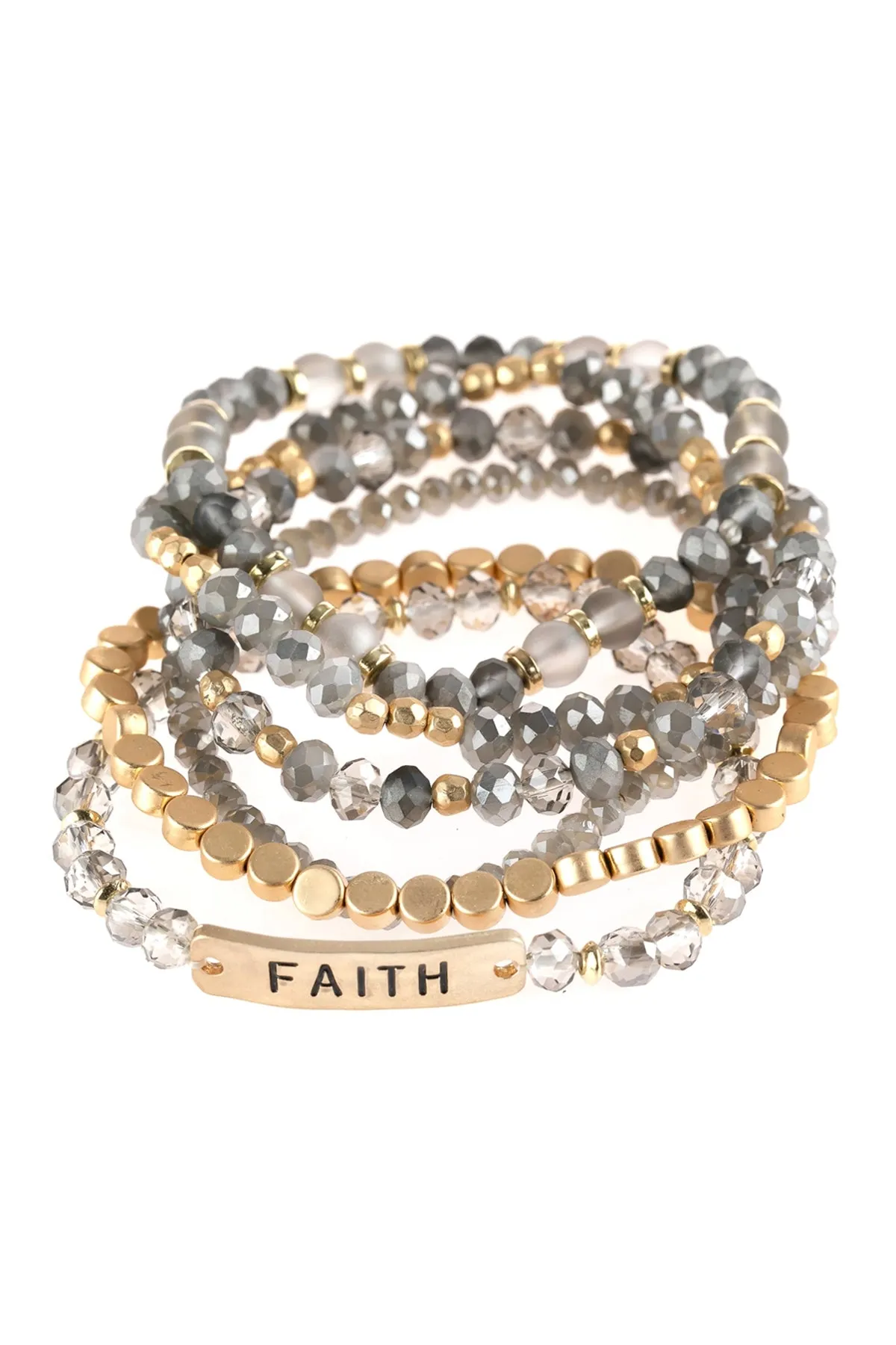 Light Gray Faith Charm Mixed Beads Bracelet - Pack of 6