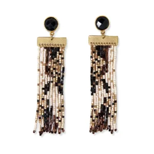 Lilah Post Earrings Semi-Precious Stone w/Beaded Fringe {black & white}