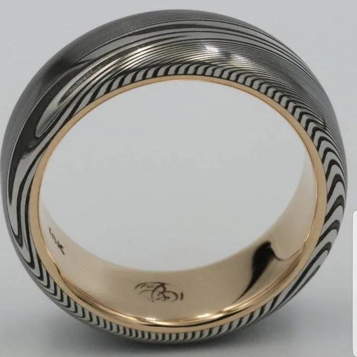 LIMITED EDITION 7.5mm Damascus ring 18k rose Gold & Stainless Damascus steel   "dark super wood-grain" ( customizable)