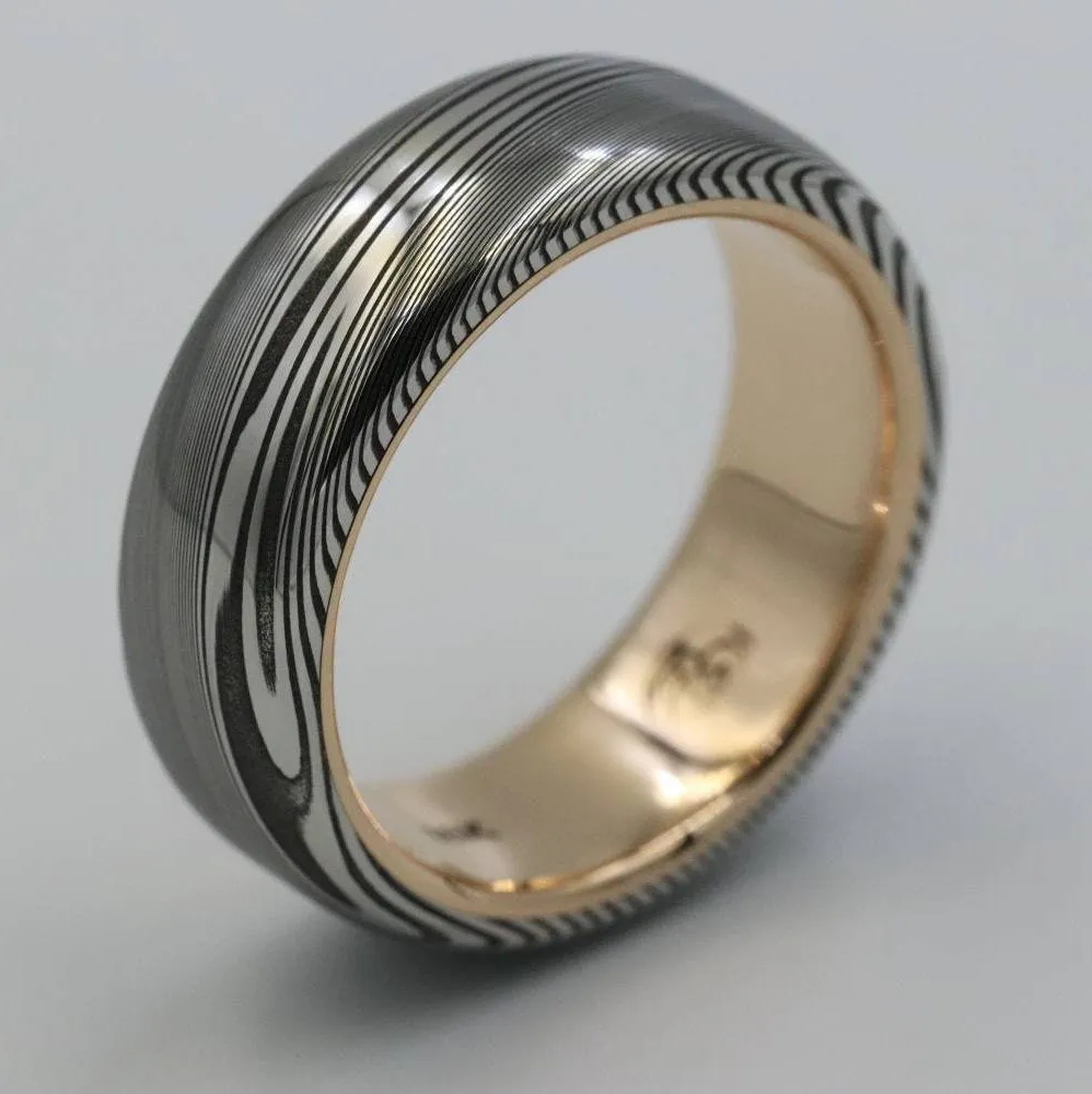 LIMITED EDITION 7.5mm Damascus ring 18k rose Gold & Stainless Damascus steel   "dark super wood-grain" ( customizable)