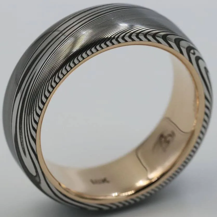 LIMITED EDITION 7.5mm Damascus ring 18k rose Gold & Stainless Damascus steel   "dark super wood-grain" ( customizable)
