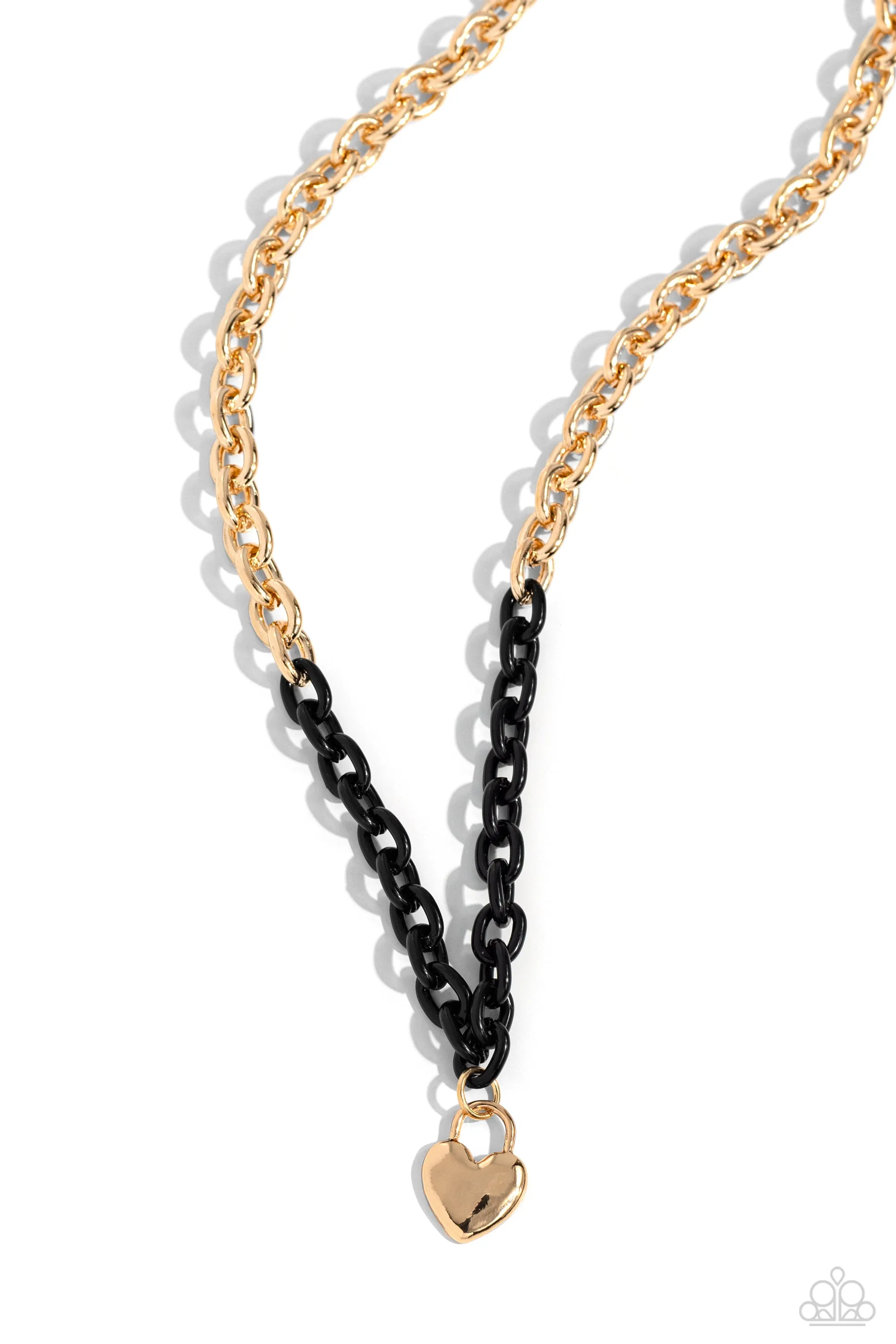 Locked Down - Black - Painted Gold Chain Heart Lock Paparazzi Short Necklace