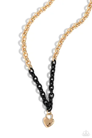 Locked Down - Black - Painted Gold Chain Heart Lock Paparazzi Short Necklace