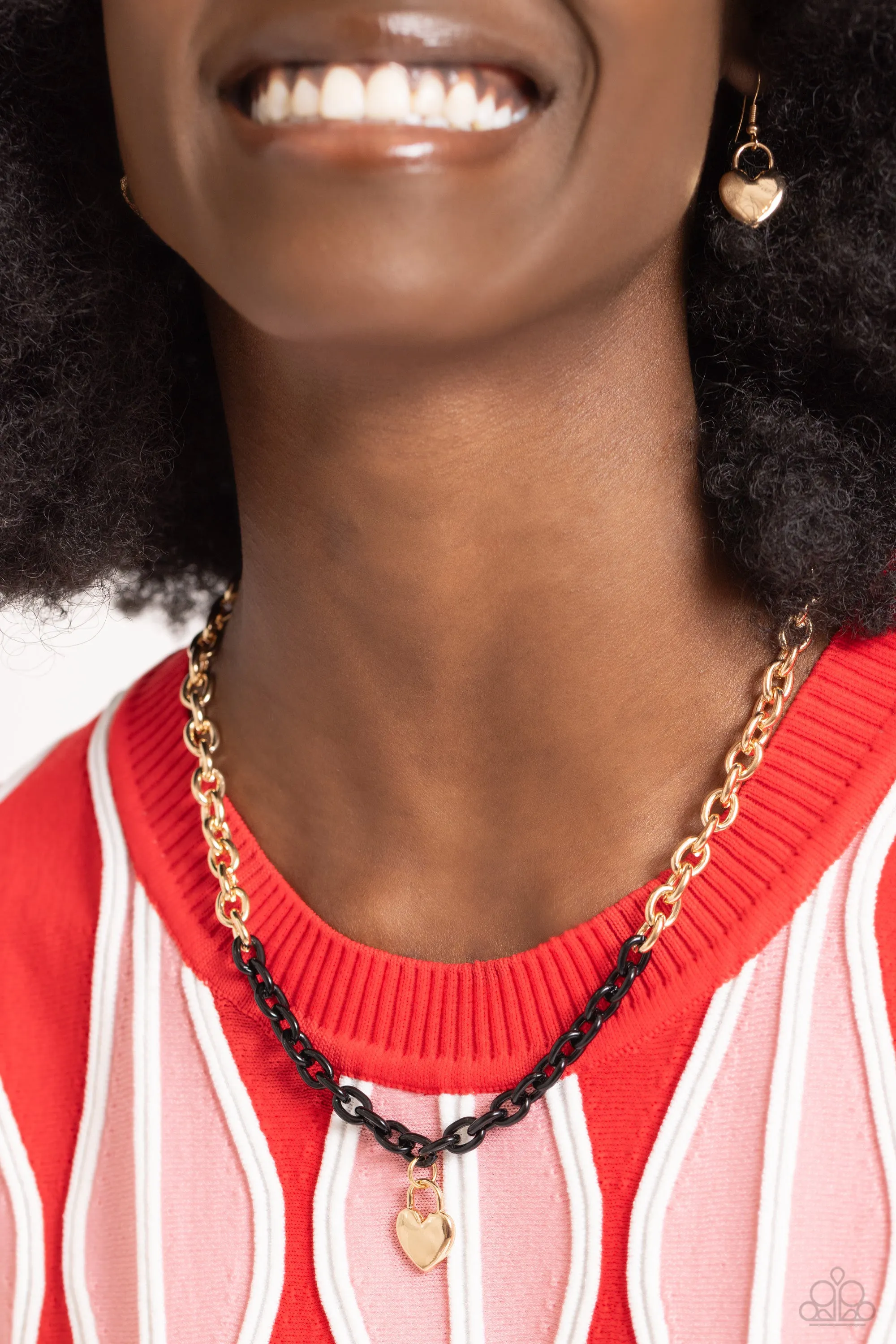 Locked Down - Black - Painted Gold Chain Heart Lock Paparazzi Short Necklace