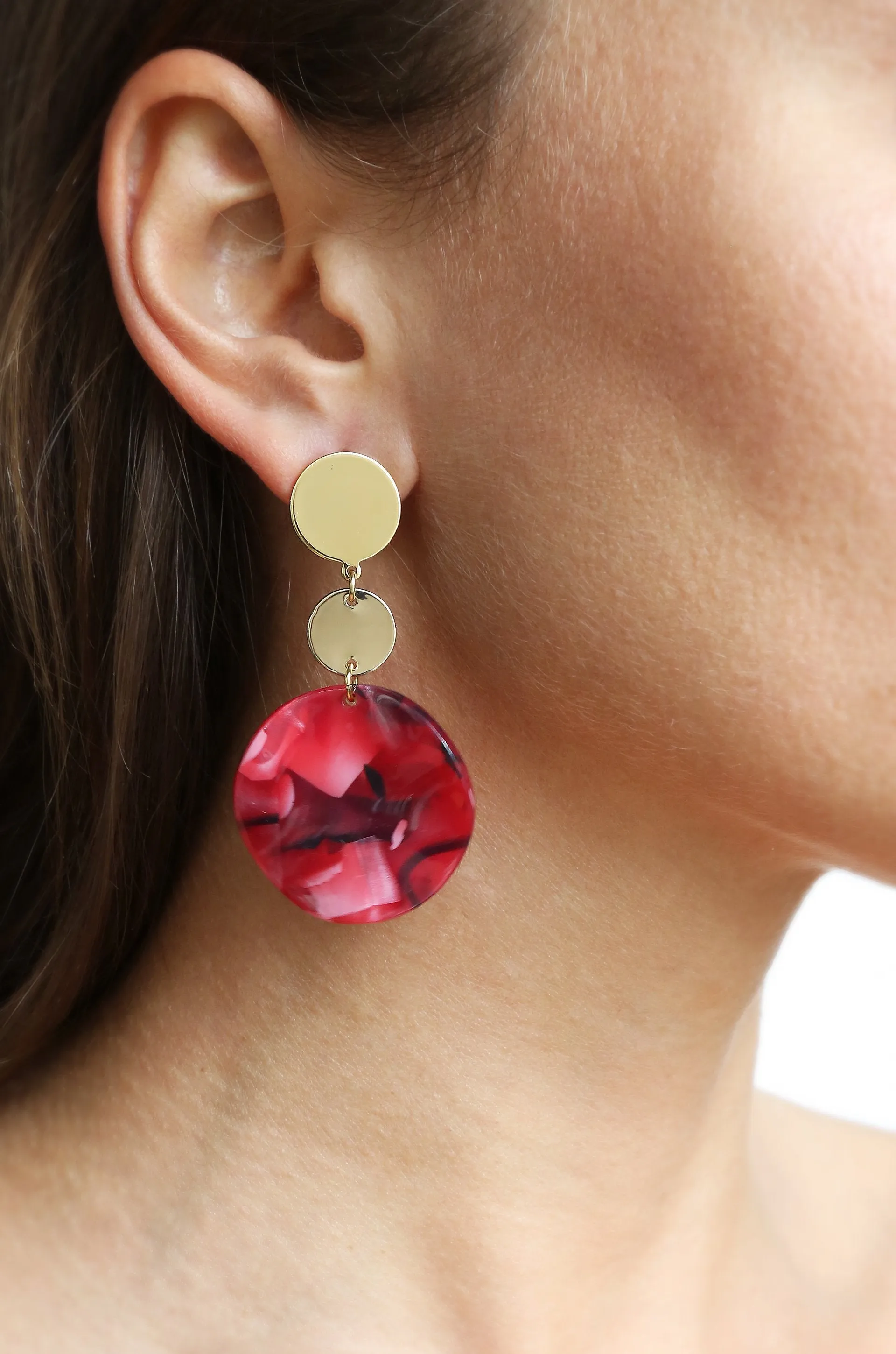 London Resin Drop Circle Earrings in Red & Gold