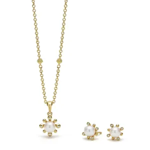 Luna 18K Gold Diamond Fleur Pearl Earrings and Necklace Gift Set