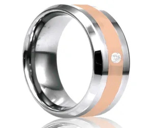 Men's Beveled Edge Tungsten Ring With Rose Gold Inlay And One Stone