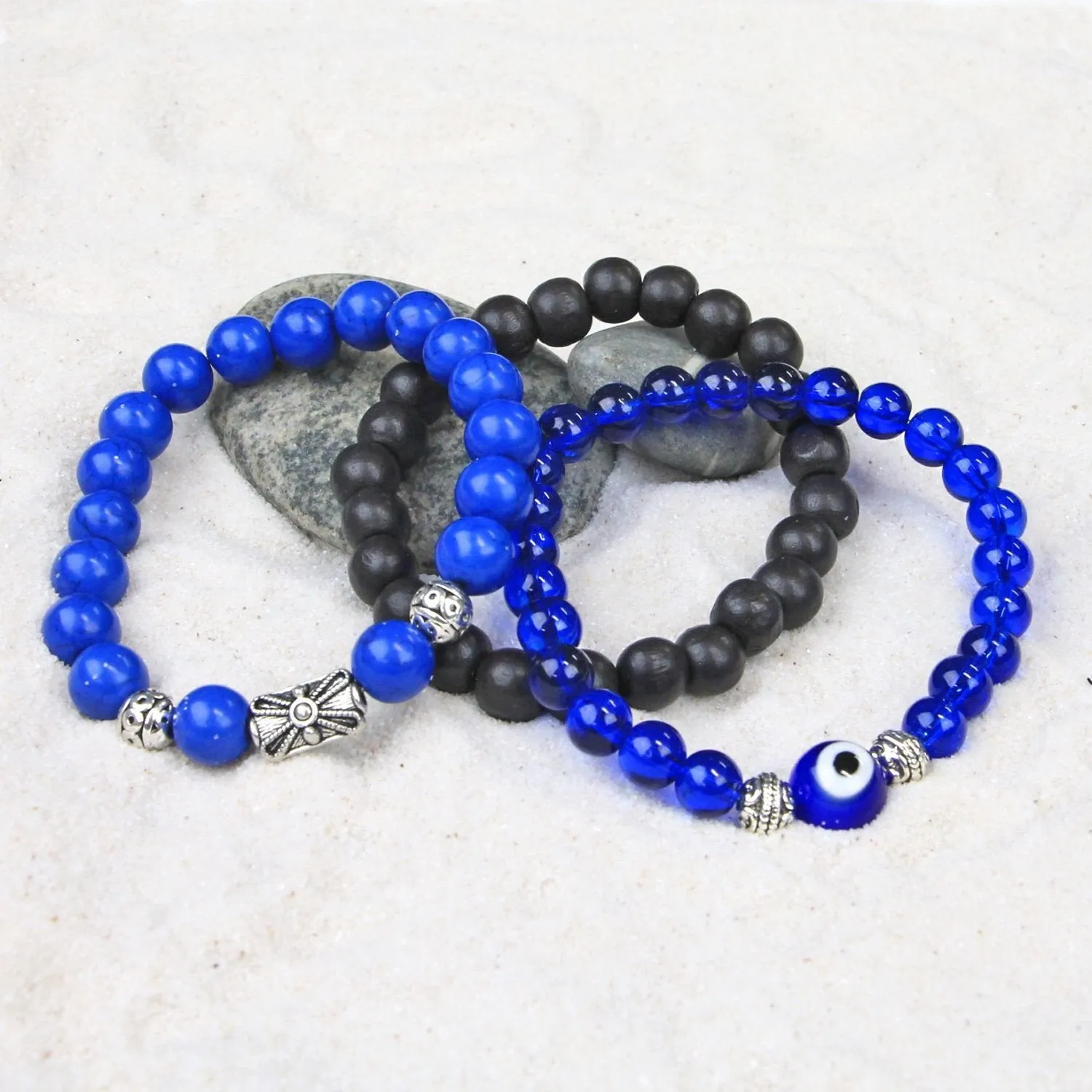 Men's Bracelets Set of 3 Beaded Stretch Bracelets Evil Eye Stack Blues and Black - M7