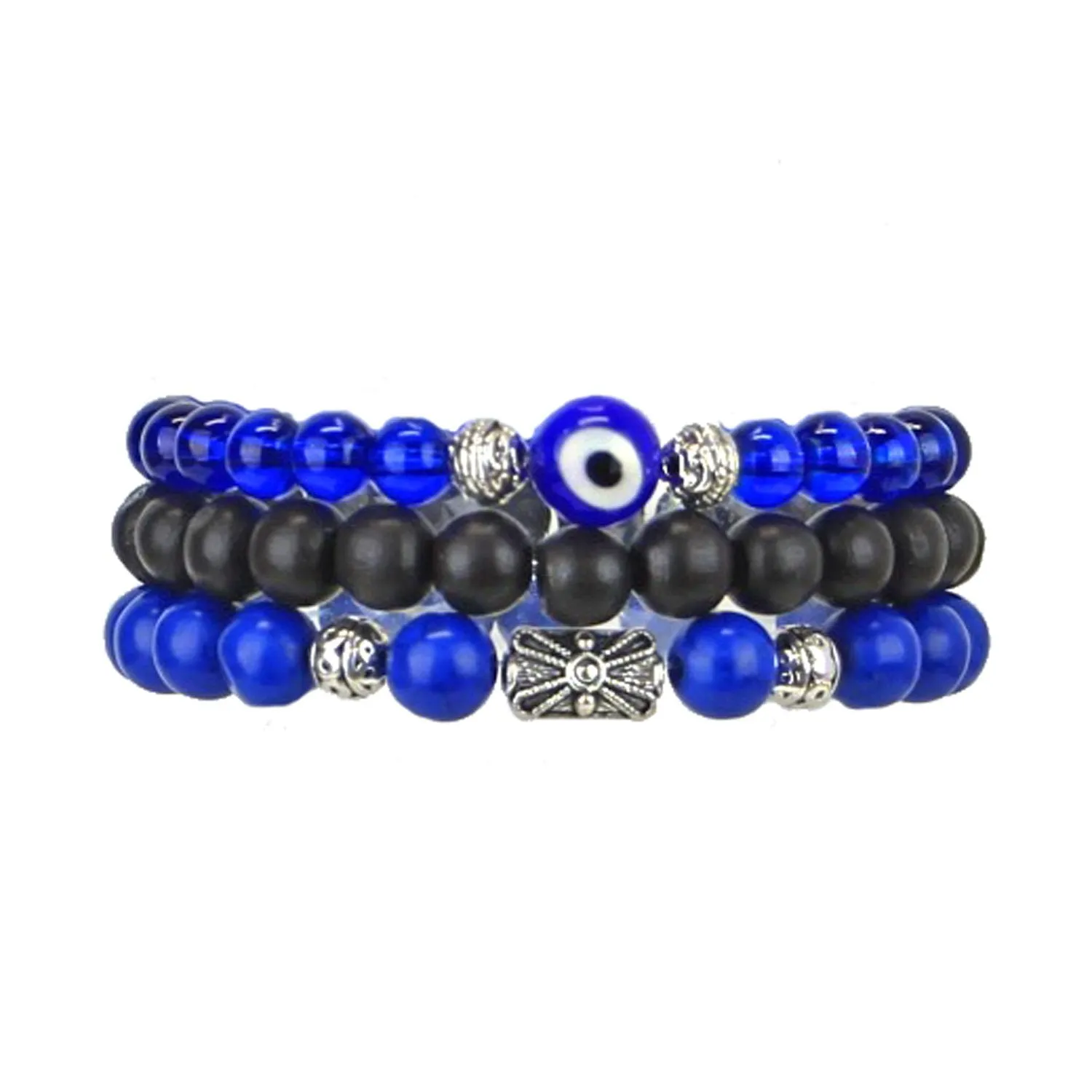 Men's Bracelets Set of 3 Beaded Stretch Bracelets Evil Eye Stack Blues and Black - M7