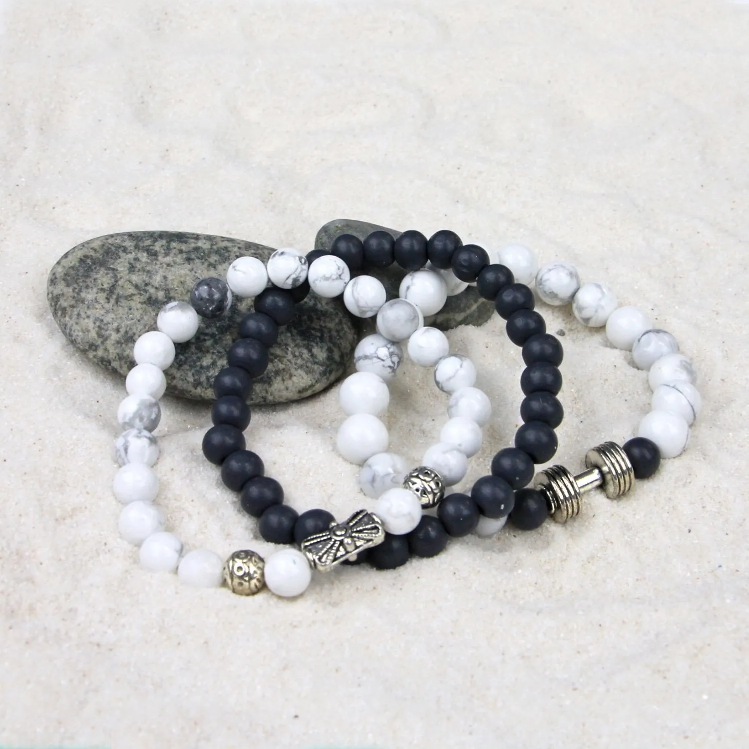 Men's Bracelets Set of 3 Beaded Stretch Bracelets Stack in Marbled White and Greys - M13
