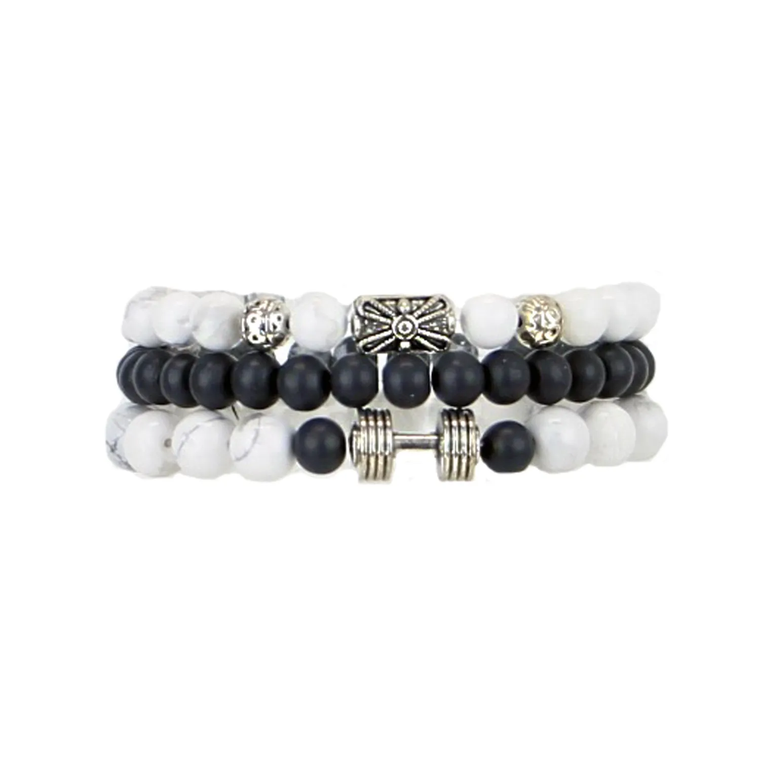 Men's Bracelets Set of 3 Beaded Stretch Bracelets Stack in Marbled White and Greys - M13