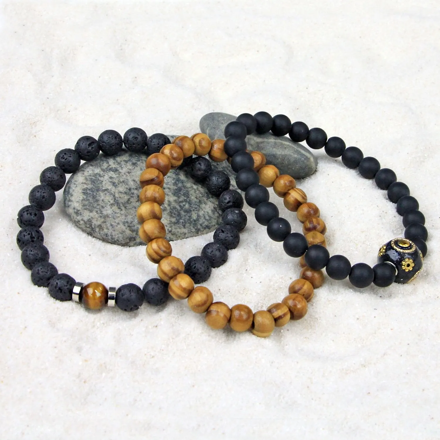 Men's Bracelets Set of 3 Beaded Stretch Bracelets Stack in Tones of Black and Natural Wood - M20