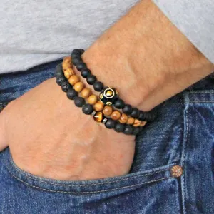 Men's Bracelets Set of 3 Beaded Stretch Bracelets Stack in Tones of Black and Natural Wood - M20