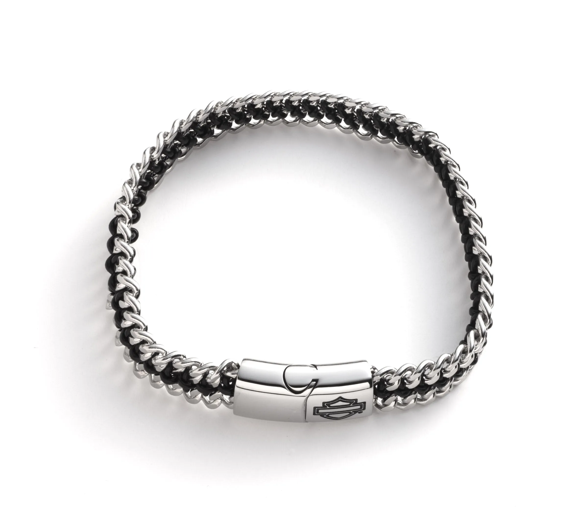 Men's Engraved Logo Leather Cord Bracelet - Black & Silver