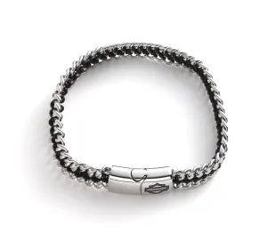 Men's Engraved Logo Leather Cord Bracelet - Black & Silver
