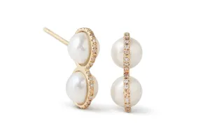 Micropave Bezel Wrap Double Pearl Drop Earrings