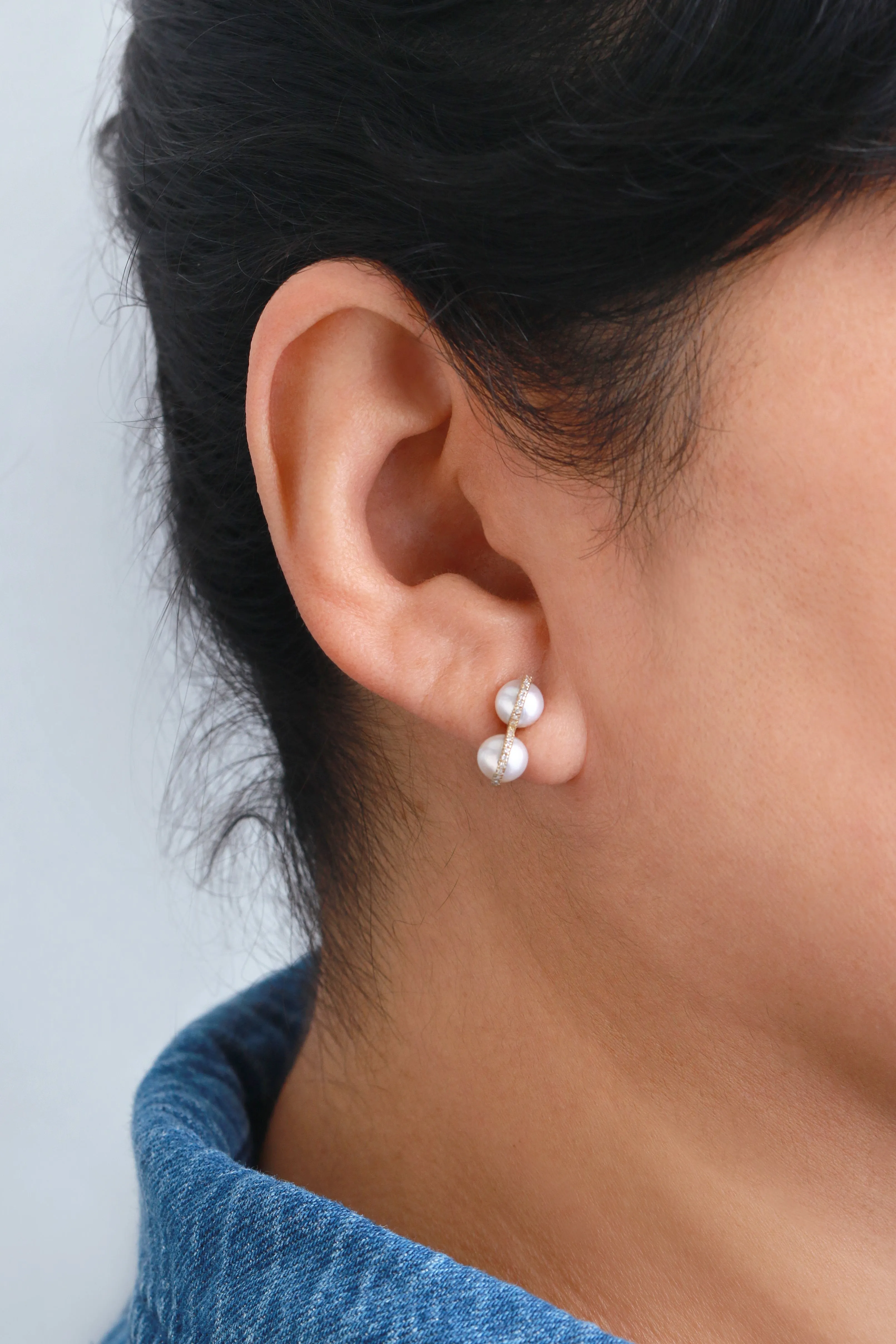 Micropave Bezel Wrap Double Pearl Drop Earrings