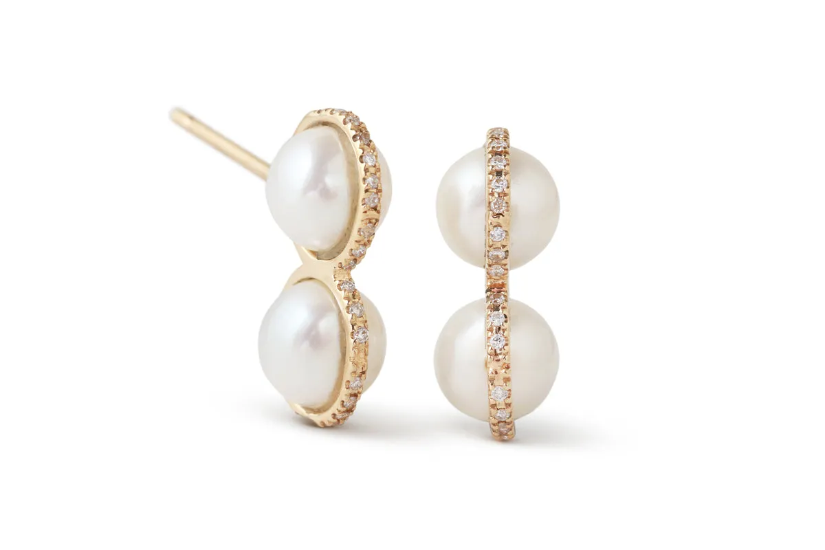 Micropave Bezel Wrap Double Pearl Drop Earrings