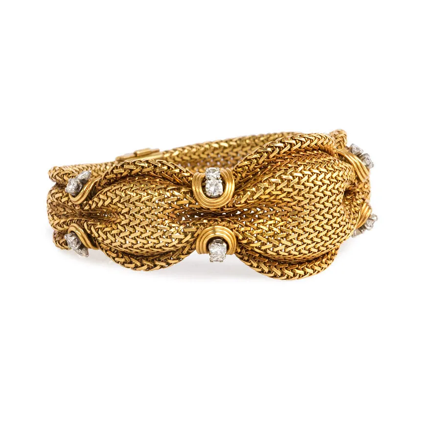 Mid-Century woven gold and diamond bracelet, France.