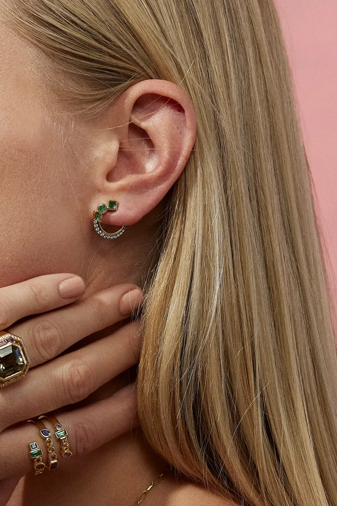 Mini Bezel Crescent Earrings | Emerald