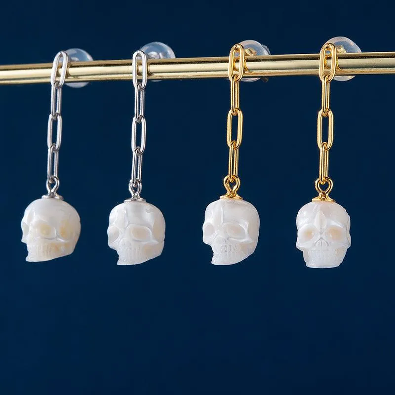 Minimal Pearl Skull Chain Dangle Earrings