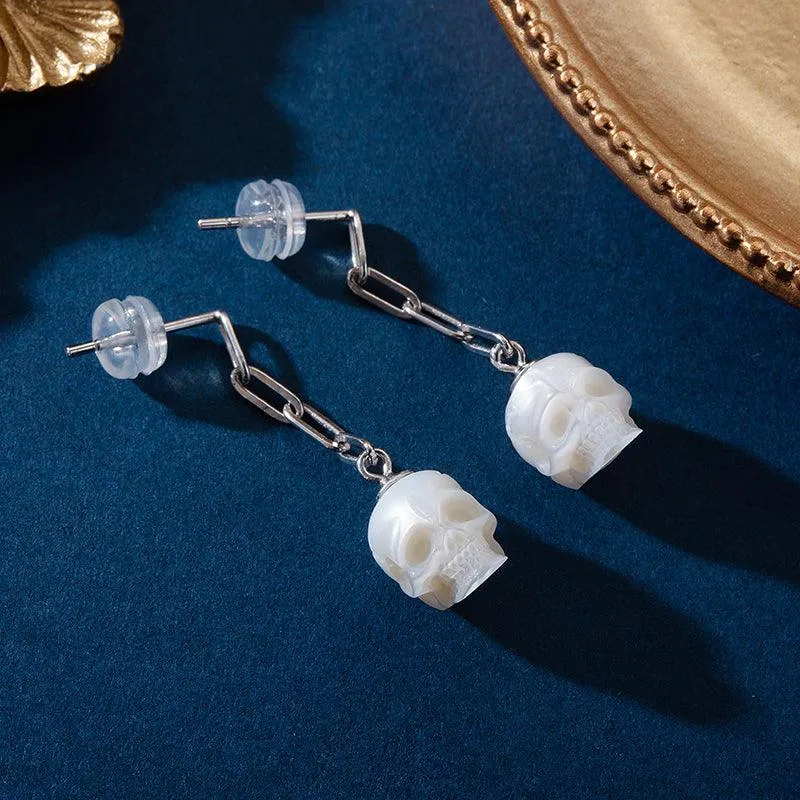 Minimal Pearl Skull Chain Dangle Earrings