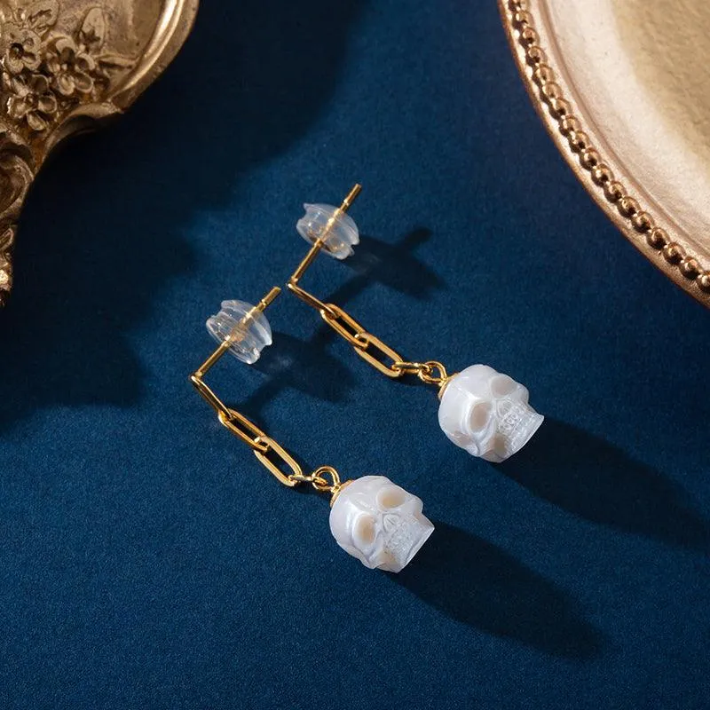 Minimal Pearl Skull Chain Dangle Earrings