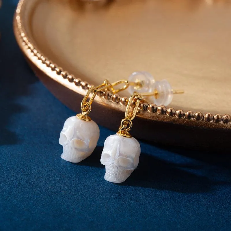 Minimal Pearl Skull Chain Dangle Earrings