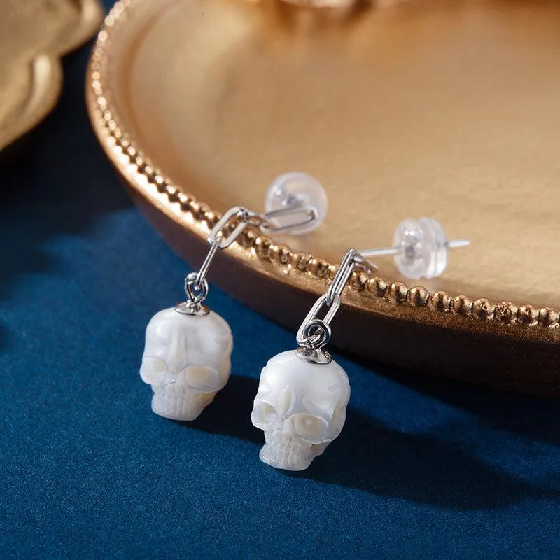 Minimal Pearl Skull Chain Dangle Earrings