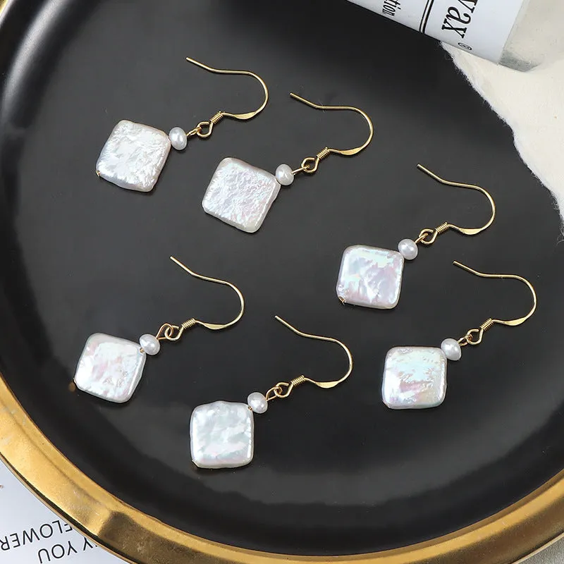 Minimalist Square Baroque Pearl Hook Earrings