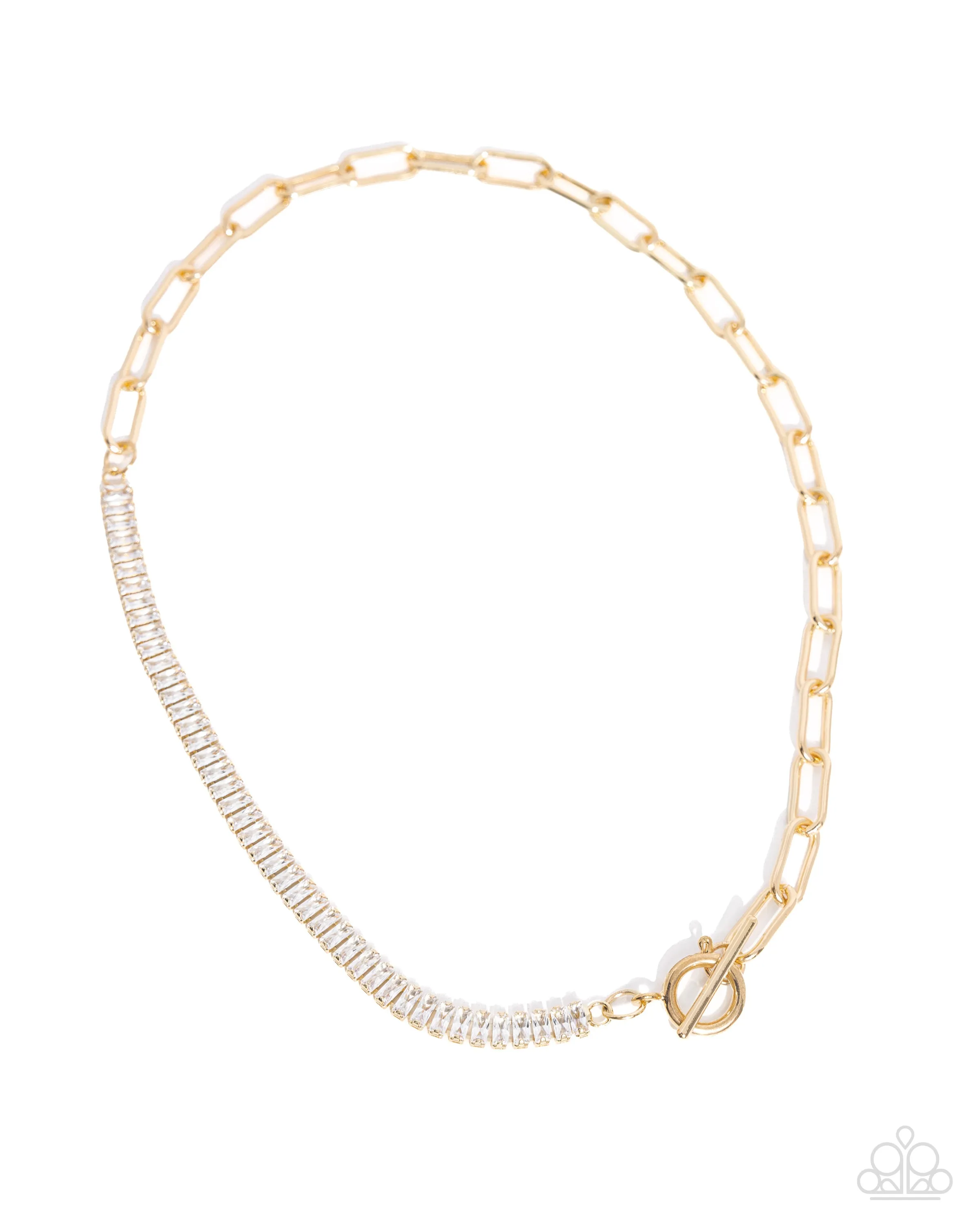 Mismatched Monarchy - Gold - Paperclip Chain White Rhinestone Paparazzi Short Toggle Necklace