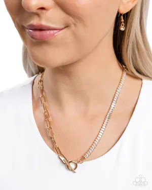 Mismatched Monarchy - Gold - Paperclip Chain White Rhinestone Paparazzi Short Toggle Necklace
