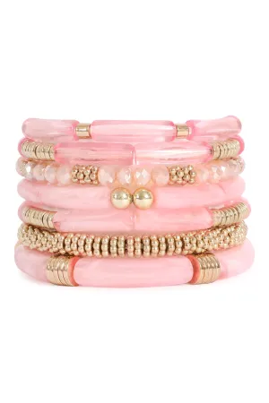 Mix Beads, Tubular, CCB, Rondelle Stretch Stackable Bracelet Pink - Pack of 6