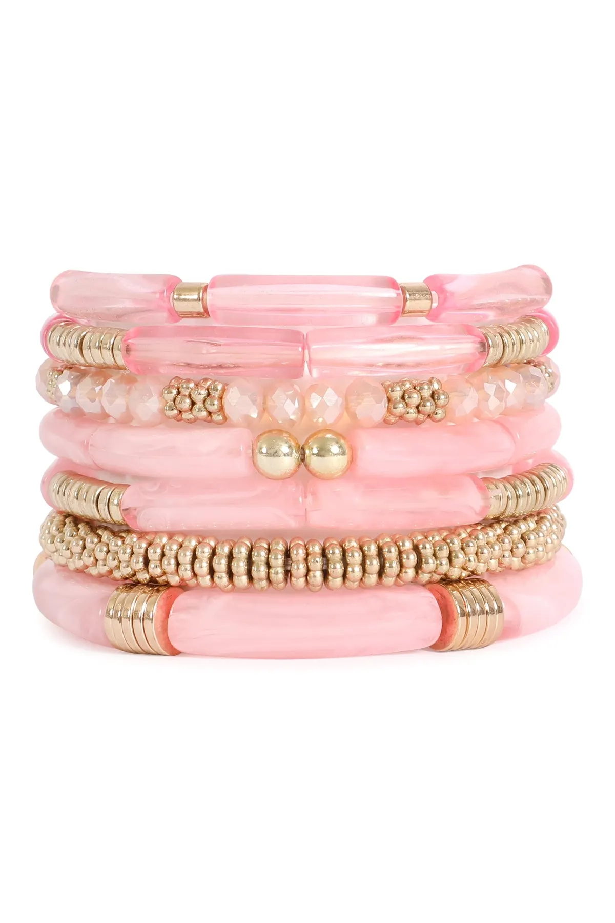 Mix Beads, Tubular, CCB, Rondelle Stretch Stackable Bracelet Pink - Pack of 6