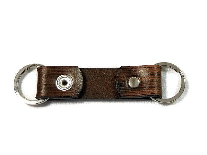 Modern Wood Grain Briar Brown Valet Double Ring Leather Key Chain Free Gift Wrap