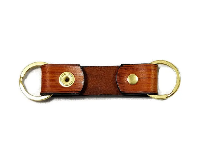 Modern Wood Grain Saddle Tan Valet Double Ring Leather Key Chain Free Gift Wrap