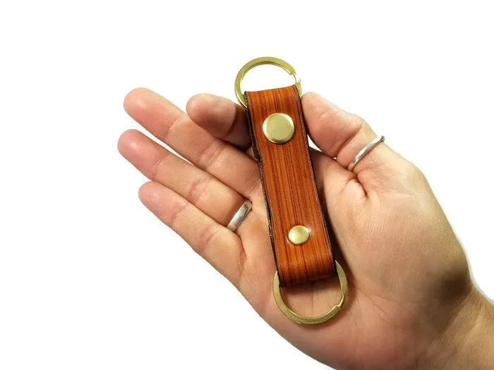 Modern Wood Grain Saddle Tan Valet Double Ring Leather Key Chain Free Gift Wrap