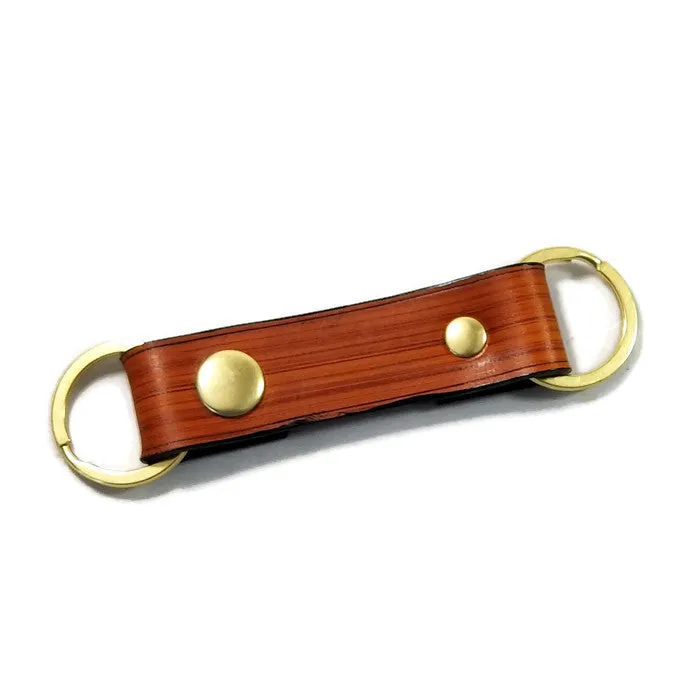 Modern Wood Grain Saddle Tan Valet Double Ring Leather Key Chain Free Gift Wrap