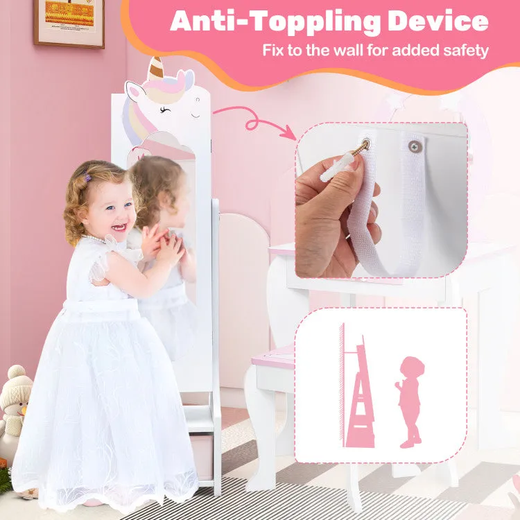 Montessori 2-in-1 Unicorn Full Length Tilting Mirror & Jewellery Cabinet | Armoire | White