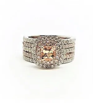 Morganite Ring with Double Diamond Halo and Jacket Band in 14k Rose Gold